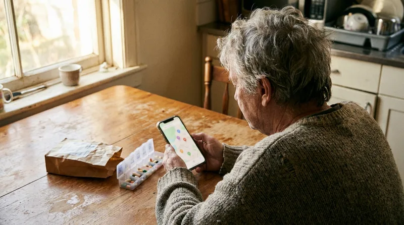Patient searching for a nearby pharmacy on a smartphone at a kitchen table beside a weekly pill organizer