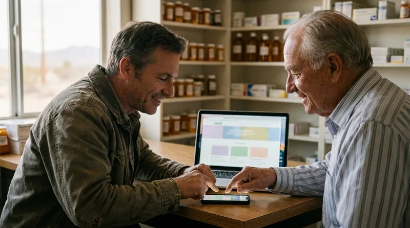 Web designer and pharmacy owner comparing mobile and desktop page layouts during a pharmacy website build