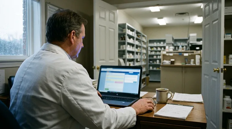 Pharmacy owner reviewing website tracking and consent settings on a laptop in a back office