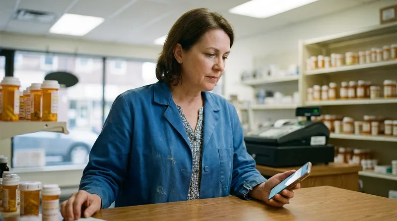 Independent pharmacist checking a smartphone for a patient text notification at the pharmacy counter