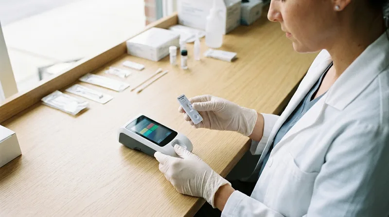 Pharmacist reviewing a point of care testing cartridge and analyzer at the pharmacy counter
