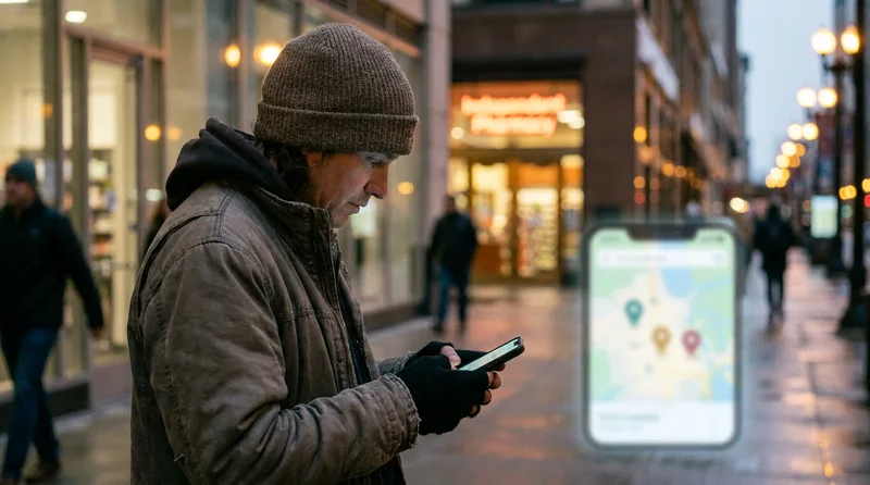 Pedestrian on a Chicago sidewalk at dusk checking a phone map with three highlighted pins near an open pharmacy