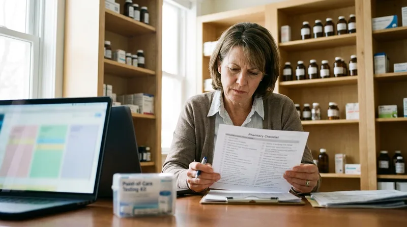 Independent pharmacy owner reviewing a clinical services checklist for MTM and point-of-care testing