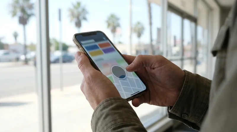 Customer holding a phone showing a pharmacy location page with a call button and map outside a Florida storefront