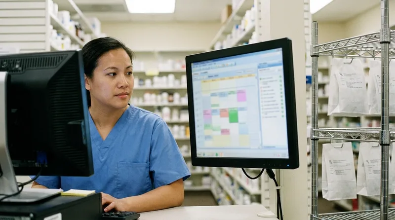 Pharmacy technician at the counter checking a second monitor with a scheduling dashboard beside the pharmacy workstation