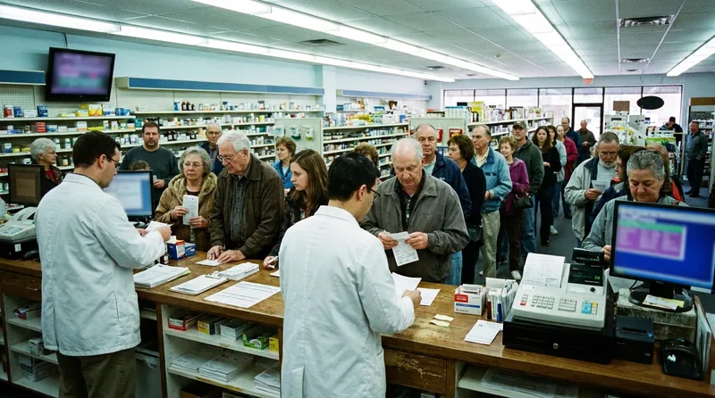Busy independent pharmacy front counter with staff assisting multiple patients during a rush
