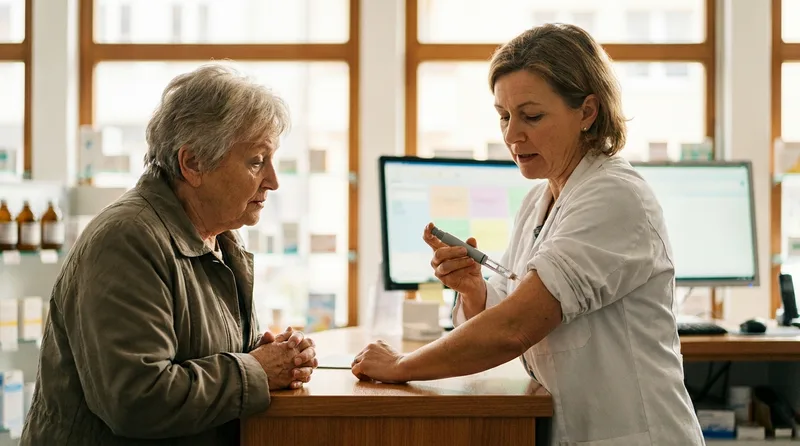Pharmacist demonstrating GLP-1 injection technique to a patient at the pharmacy counter