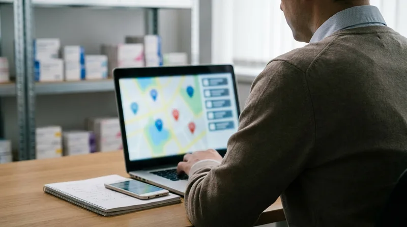 Independent pharmacy owner reviewing local Google Maps search results on a laptop in the pharmacy back office