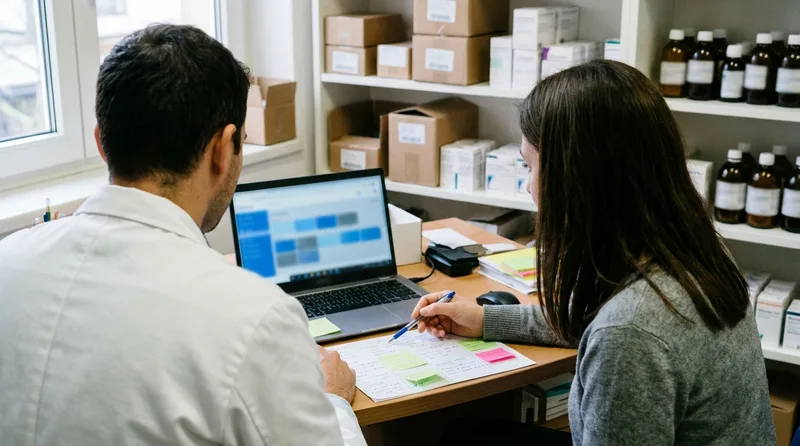 Pharmacy owner and web designer reviewing a website mockup and page plan on a laptop in a pharmacy back office