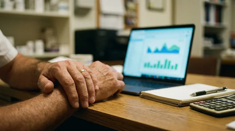 Pharmacy owner reviewing a monthly marketing report with charts on a laptop in the back office