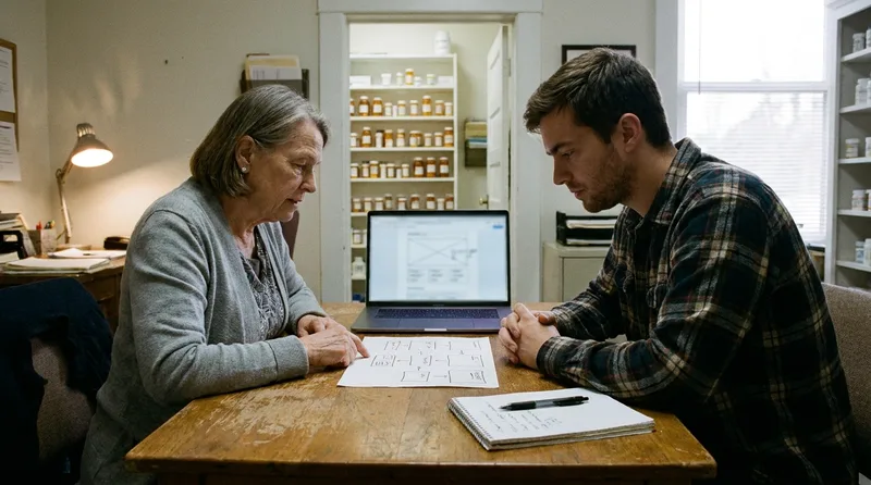Pharmacy owner and web developer reviewing a workflow diagram and website wireframe at a table in a back office