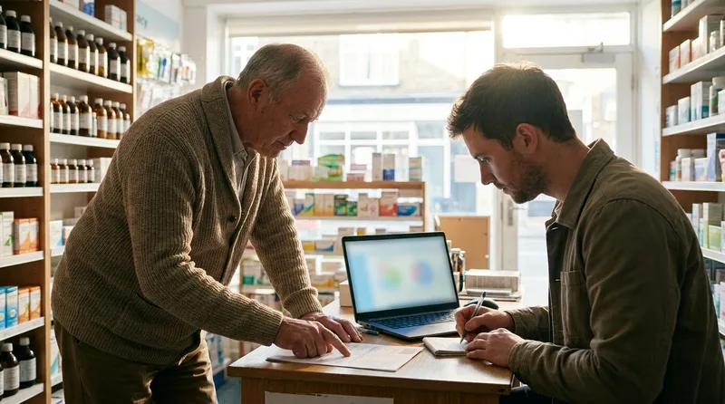 Pharmacy owner and marketing consultant reviewing a monthly performance report together at a table