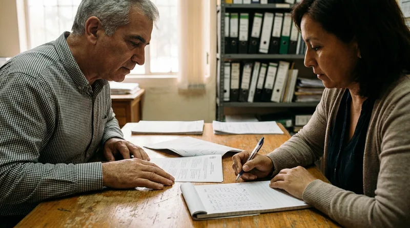 Pharmacy owner and manager going through a printed software quote with a pen and checklist notepad