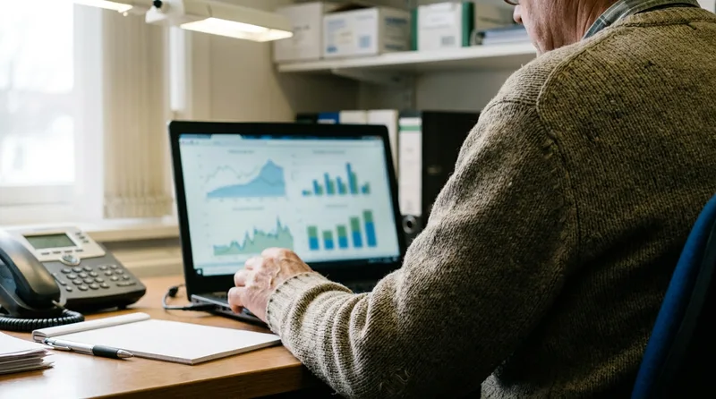 Pharmacy owner reviewing a marketing performance dashboard on a laptop in a back office