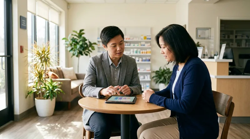 Two pharmacy colleagues reviewing marketing performance data during a planning meeting