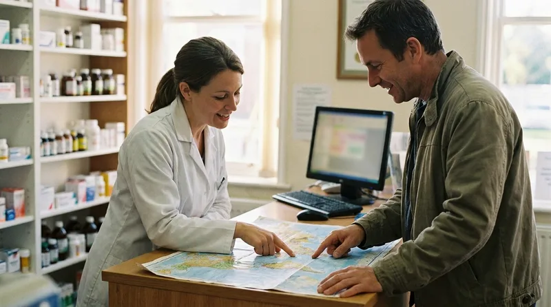 Pharmacist reviewing travel itinerary and vaccine needs with a patient before an international trip