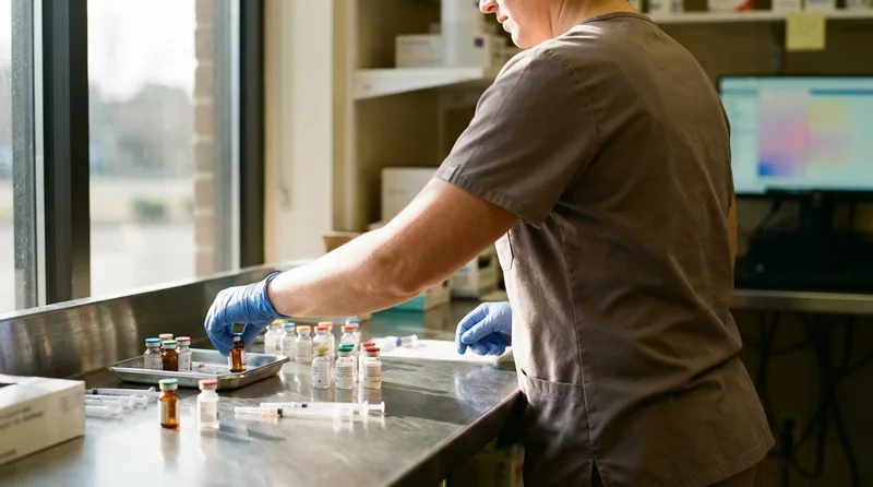 Pharmacist organizing shingles, RSV, and other adult vaccine vials at a pharmacy immunization station
