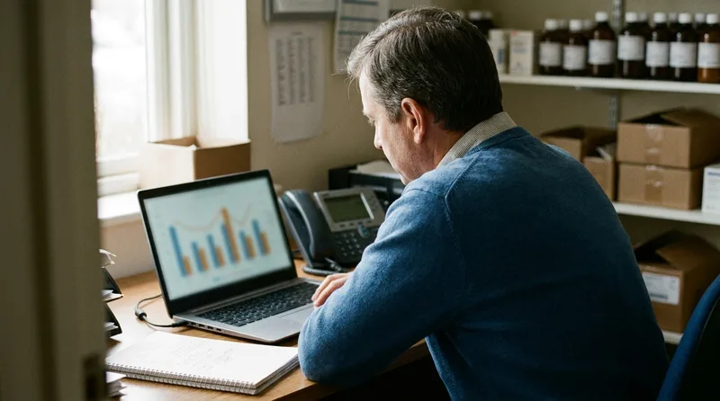 Pharmacy owner reviewing ad campaign results on a laptop beside a desk phone in a back office