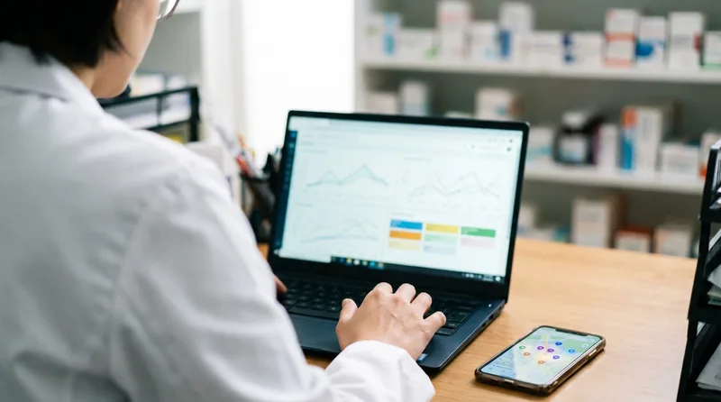 Pharmacy owner reviewing an ad campaign dashboard on a laptop beside a phone showing local map results