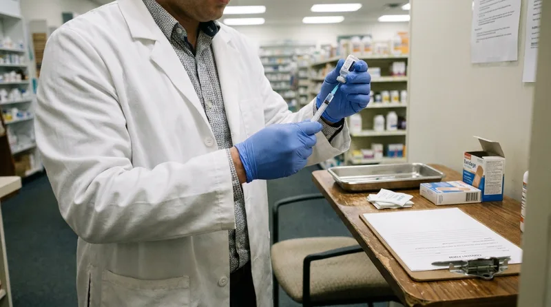 Pharmacist preparing a vaccine at a private immunization station inside an independent community pharmacy