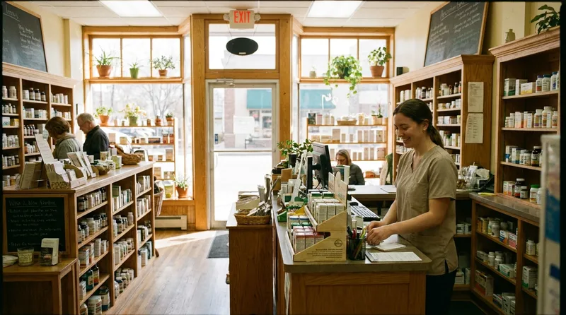 Wide view of a bright independent pharmacy interior with a prescription counter and front-of-store shelves in morning light