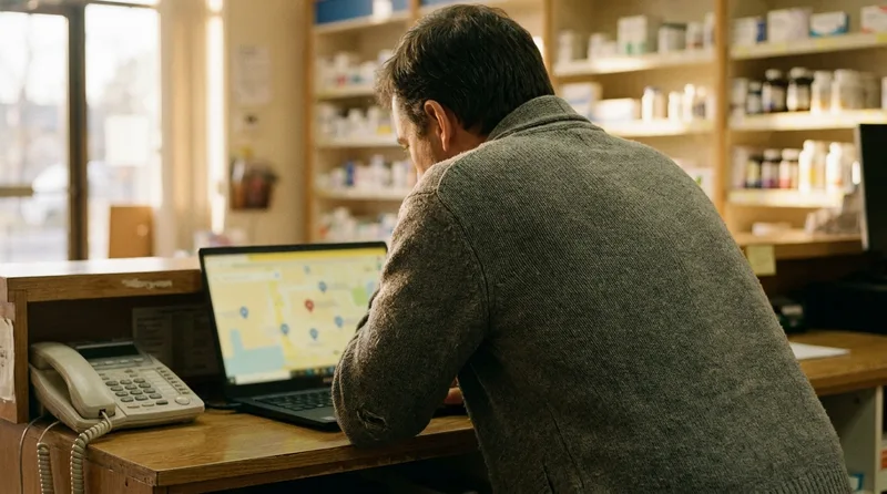 Pharmacy owner reviewing local search results on a laptop at the pharmacy counter during pharmacy keyword research