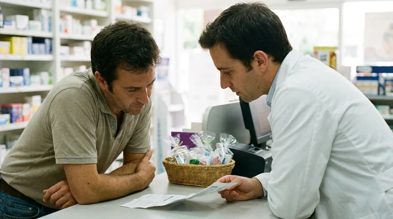 Pharmacist and neighboring shop owner reviewing a local trick-or-treat trail flyer at the pharmacy counter