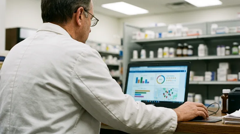 Pharmacy owner reviewing local search and advertising performance charts on a laptop at the pharmacy counter