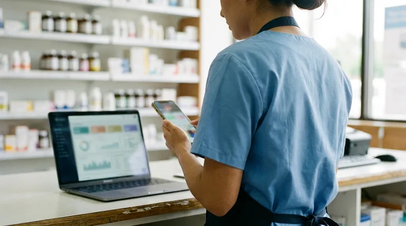 Pharmacy staff member checking a delivery text reminder on a smartphone at the counter