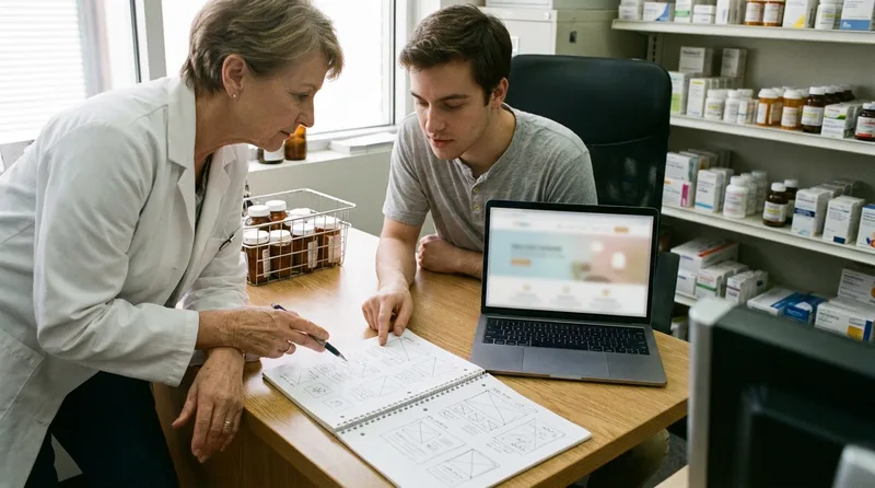 Pharmacy owner and web designer reviewing homepage wireframe sketches beside a laptop in the pharmacy back office