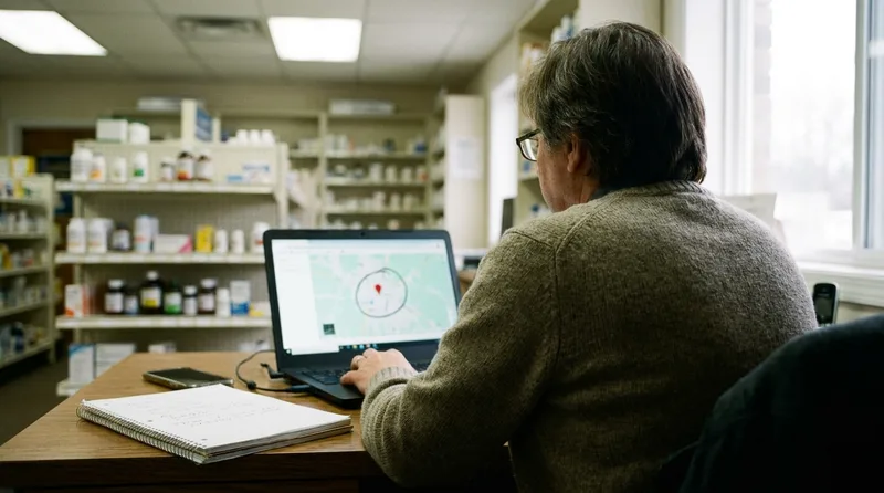Pharmacy owner setting a tight local ad radius around one store pin on a laptop map