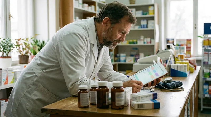 Pharmacist reviewing a Medicare Part D adherence patient's chronic medication list at the counter