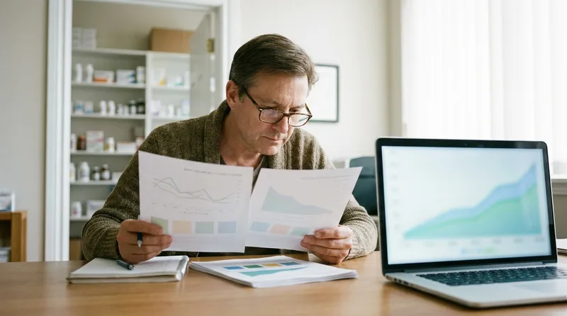 Pharmacy owner comparing monthly local SEO report charts on printed pages and a laptop at a back-office desk
