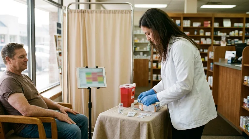 Pharmacist in a white coat preparing vaccine supplies at a private immunization station while a patient waits seated nearby