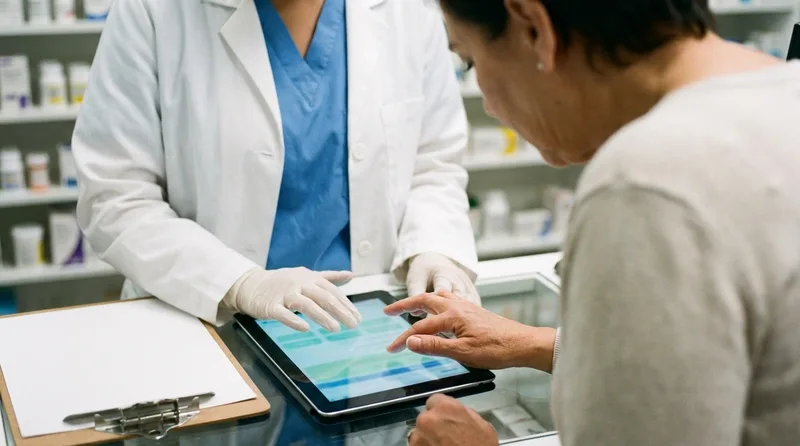 Pharmacy technician helping a patient complete a digital intake form on a tablet at the counter