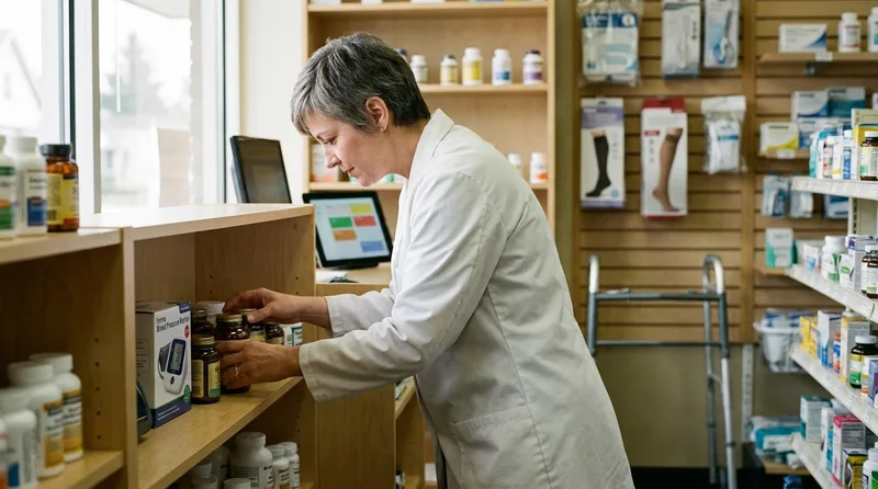 Independent pharmacist arranging a curated wellness and home medical equipment display in the pharmacy front end