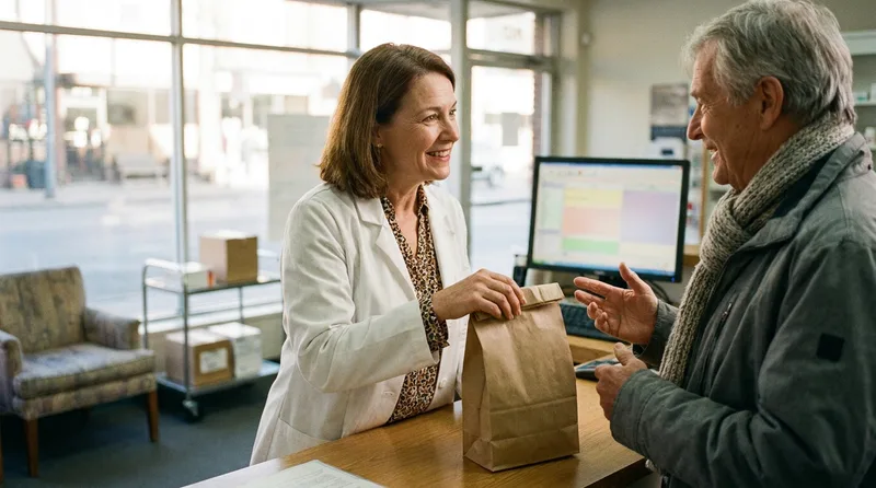 Pharmacist handing a prescription bag to a patient across the counter of a bright community pharmacy