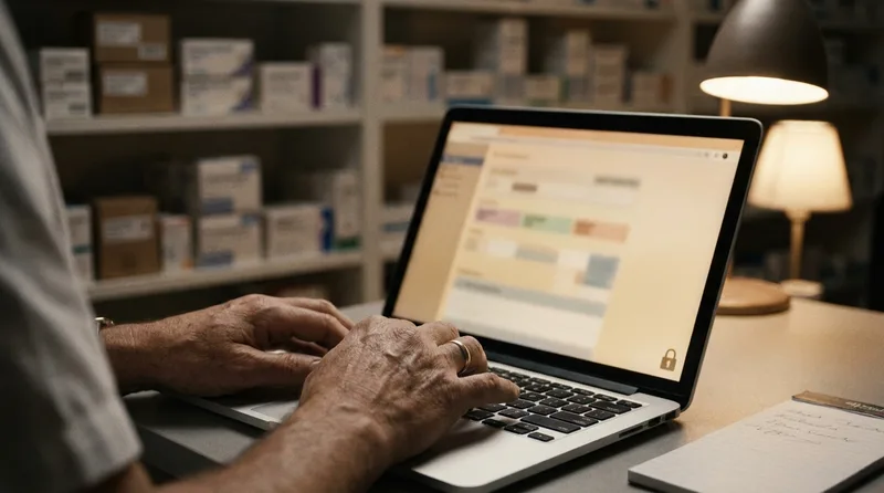 Pharmacy owner reviewing a secure online prescription transfer form on a laptop in a back office