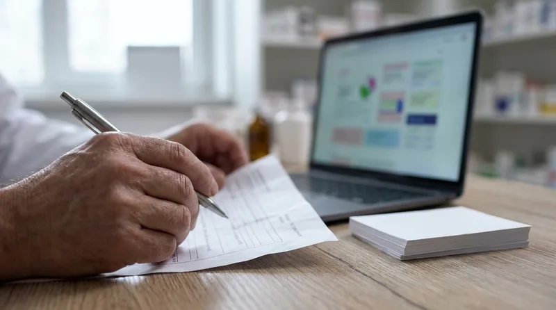 Pharmacy owner reviewing a printed agency contract with a pen beside a laptop before signing