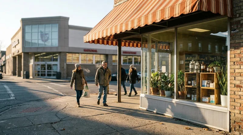 Independent community pharmacy storefront on a neighborhood street with a large chain drugstore visible down the block