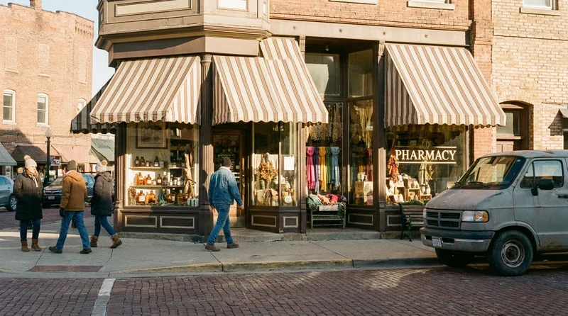 Independent community pharmacy storefront on a small Ohio town main street with neighbors walking past in morning light