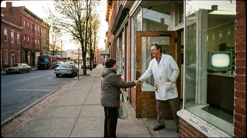 Independent pharmacist greeting a neighbor at the door of a community pharmacy on a Pennsylvania town main street