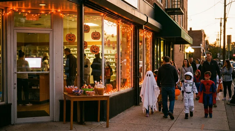 Independent pharmacy storefront decorated with pumpkins and orange lights as costumed families walk past at dusk