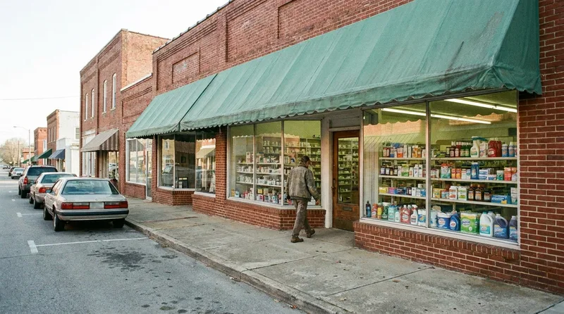 Independent community pharmacy storefront on a small-town Virginia main street in morning light