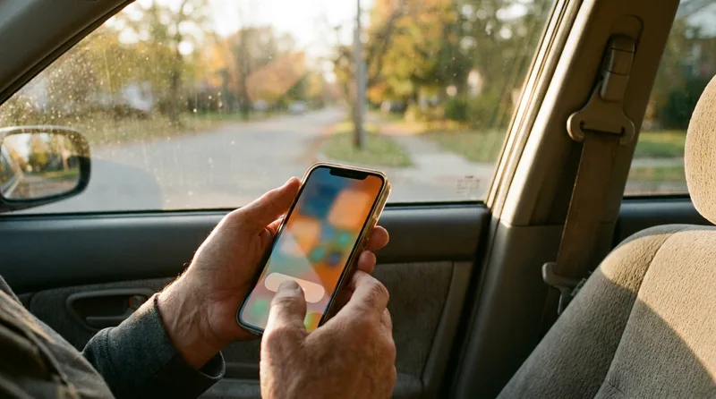 Patient holding a smartphone in a parked car, checking a mobile-friendly pharmacy website on the go