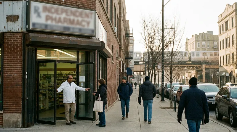 Neighborhood pharmacy storefront on a Chicago side street with an elevated train line in the distance and a pharmacist at the door
