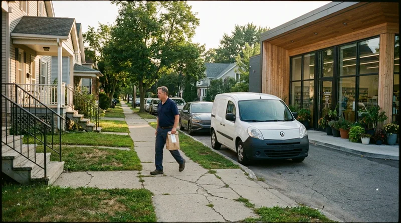 Pharmacy delivery driver carrying a sealed prescription bag toward a suburban front porch