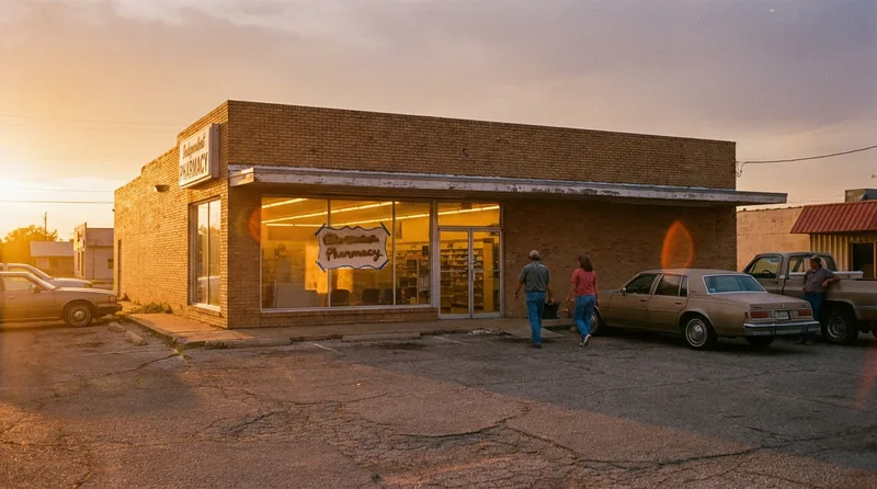Independent pharmacy storefront in a small Texas town representing local search visibility for pharmacies