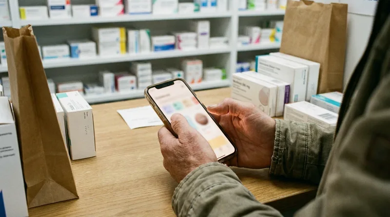Customer holding a smartphone at a pharmacy counter viewing a fast-loading pharmacy website with a large refill button