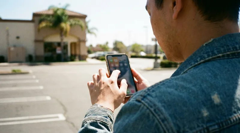 Patient in a California pharmacy parking lot requesting a refill on a smartphone